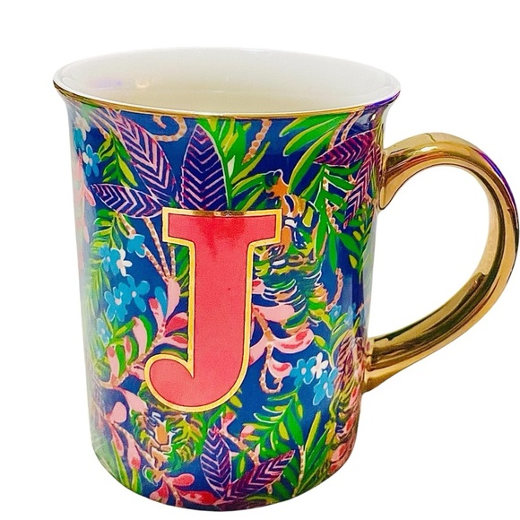 Lilly Pulitzer Colorful Floral Ceramic J Initial Mug Cup Gold Handle & Trim - Picture 4 of 4